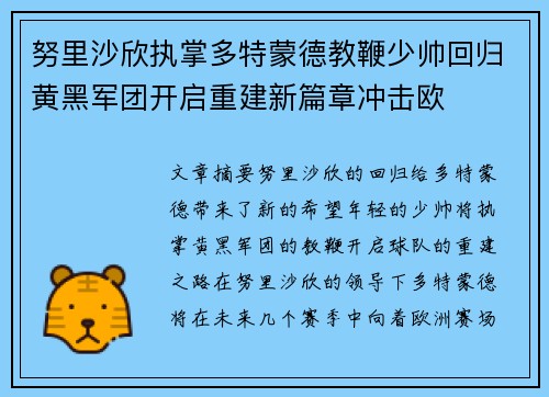 努里沙欣执掌多特蒙德教鞭少帅回归黄黑军团开启重建新篇章冲击欧