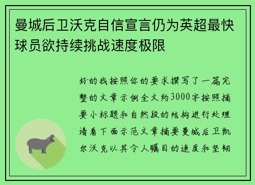 曼城后卫沃克自信宣言仍为英超最快球员欲持续挑战速度极限